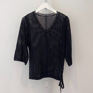 CYNTHIA CYNTHIA STEFFE BLACK OPEN KNIT COTTON V-NECK SWEATER SIZE XS
